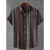 Nuova Camicia da Uomo a Maniche Corte Stile Etnico Vintage Stampa Artistica di Pavone Geometrica 3D Camicia Casual in Lino