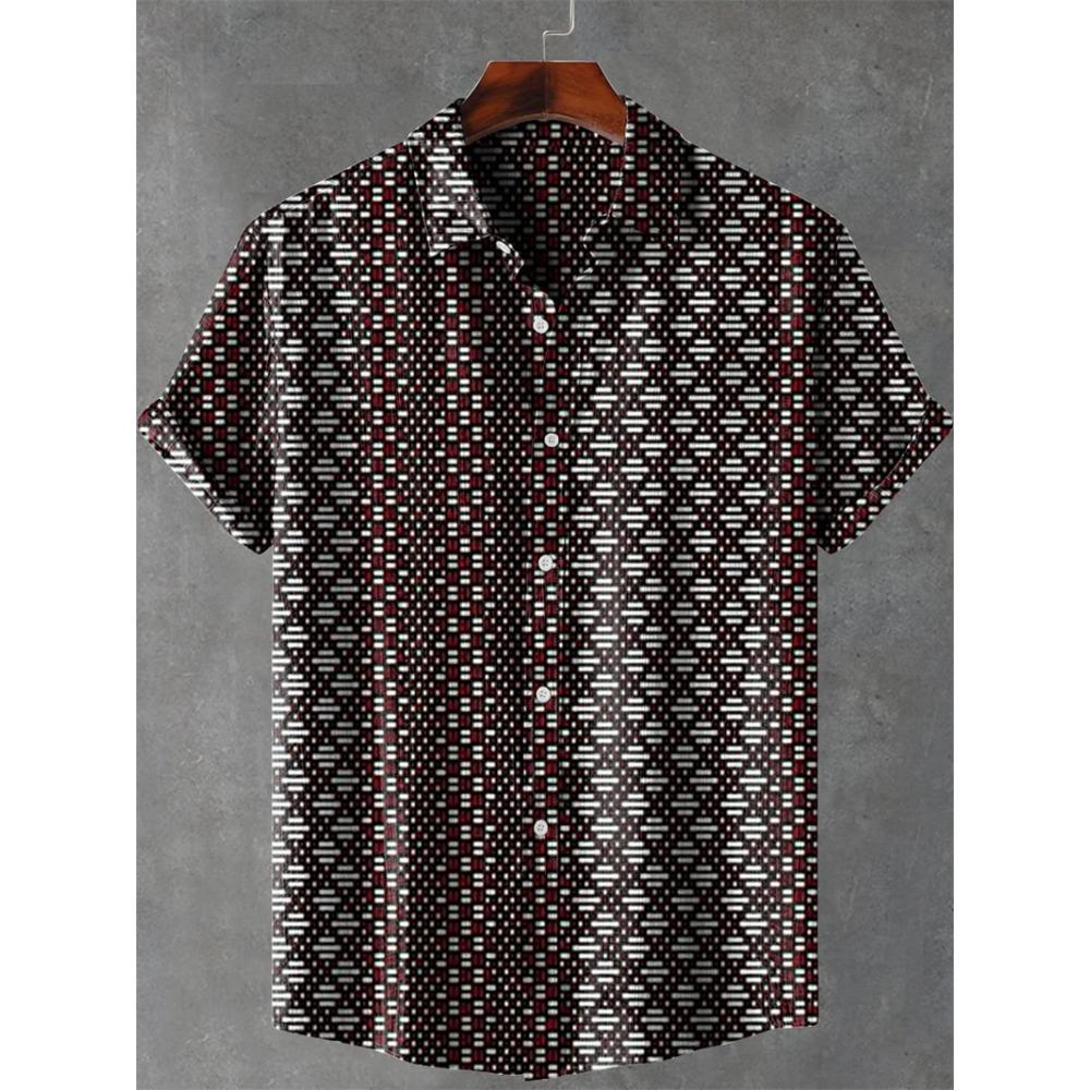 Nuova Camicia da Uomo a Maniche Corte Stile Etnico Vintage Stampa Artistica di Pavone Geometrica 3D Camicia Casual in Lino