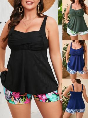 2025 European & American Plus Size Solid Two-Piece High-Waisted Print Swimsuit for Women