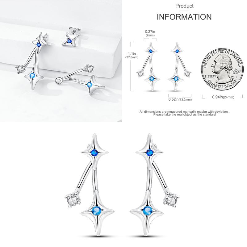 Sparkling Blue Zircon Hoop Earrings Pave U Shape Star Devil Eyes Circle S925 Drop Earring Fit Original Party Jewelry