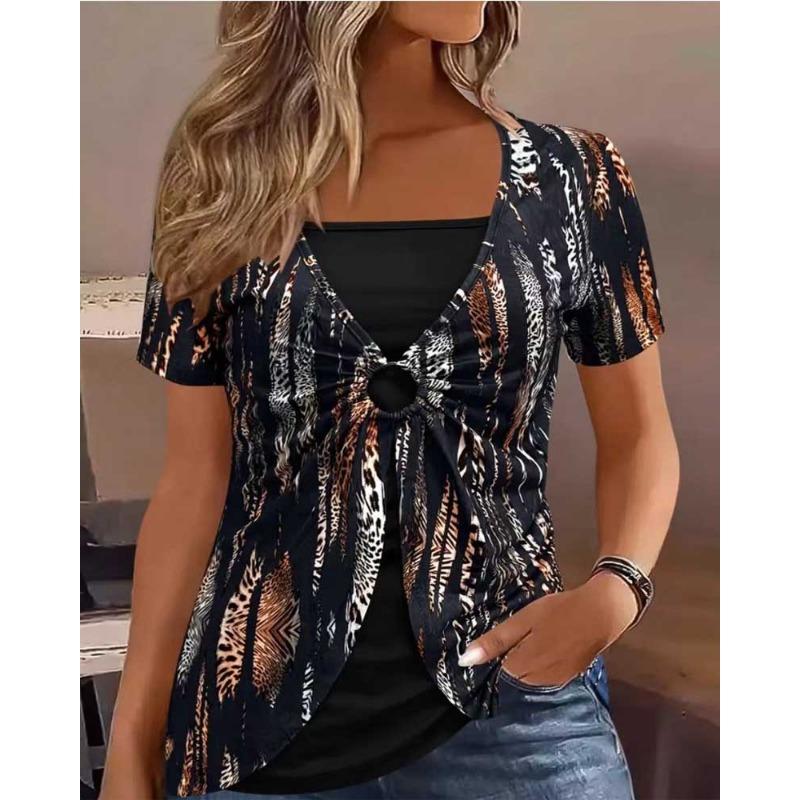 

Женская новая поддельная двухсекционная круглая этническая принтованная повседневная с короткими рукавами M чёрный