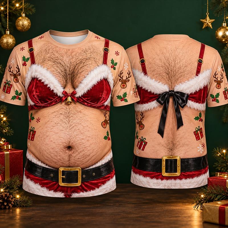 Falscher haariger Bauch Weihnachten T-Shirt 2026 Neu Herren Kurzarm 3D Lustiger Illusionsdruck Festliches BH Neuheit Weihnachten Party Outfit T-Shirt