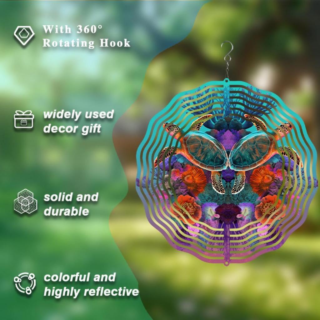 Turtle Floral Wind Chime 10 Inch Metal Outdoor Decor for Garden Balcony Vibrant Blue Green Orange Purple Hanging Ornament with 360 Swivel Hook
