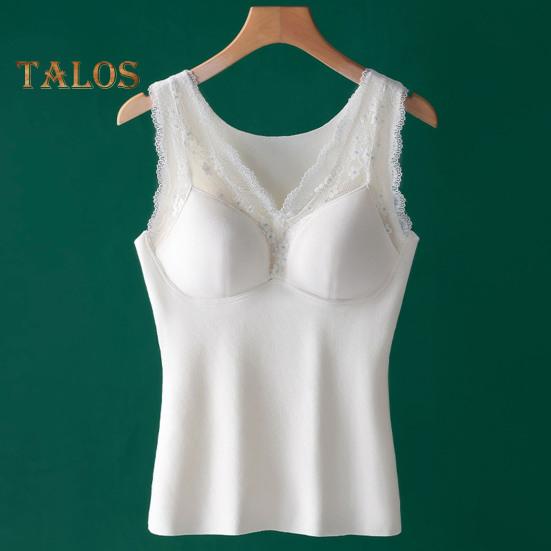 Winter Women Thermal Vest with Chest Pads Seamless Lace Fast Temperature Lock V Neck Slim Fit Elastic Sleeveless Inner Wear Bottoming Tank Top