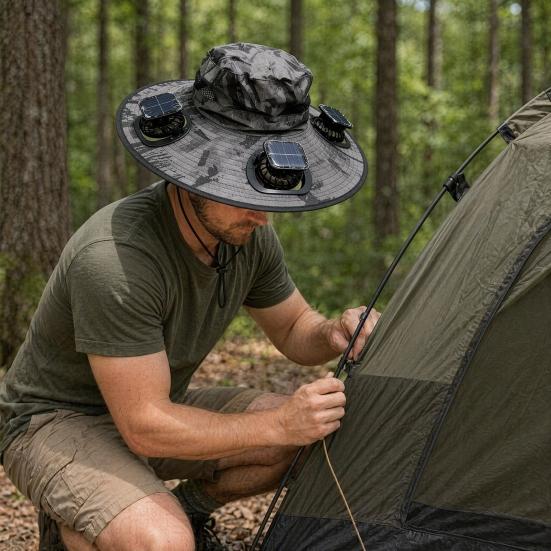 Wide-Brimmed Fan Hat with Solar USB Dual Fans Powered