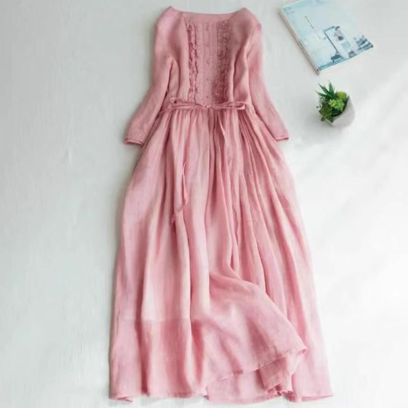 Women's clothing fungus edge lace-up waist medium and long travel dress summer casual dress new fashion trend