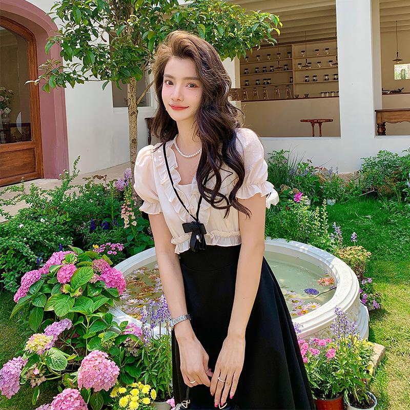 Short Sleeve Dress with Slimming Joint and Mushroom Edge for Women's Summer  Patchwork Dresses