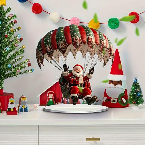 Hot Air Balloon Christmas Ornament 2D Flat Acrylic Santa Claus On A Hot Air Balloon Xmas Tree Hanging Ornament for Tree Window Wall Decor