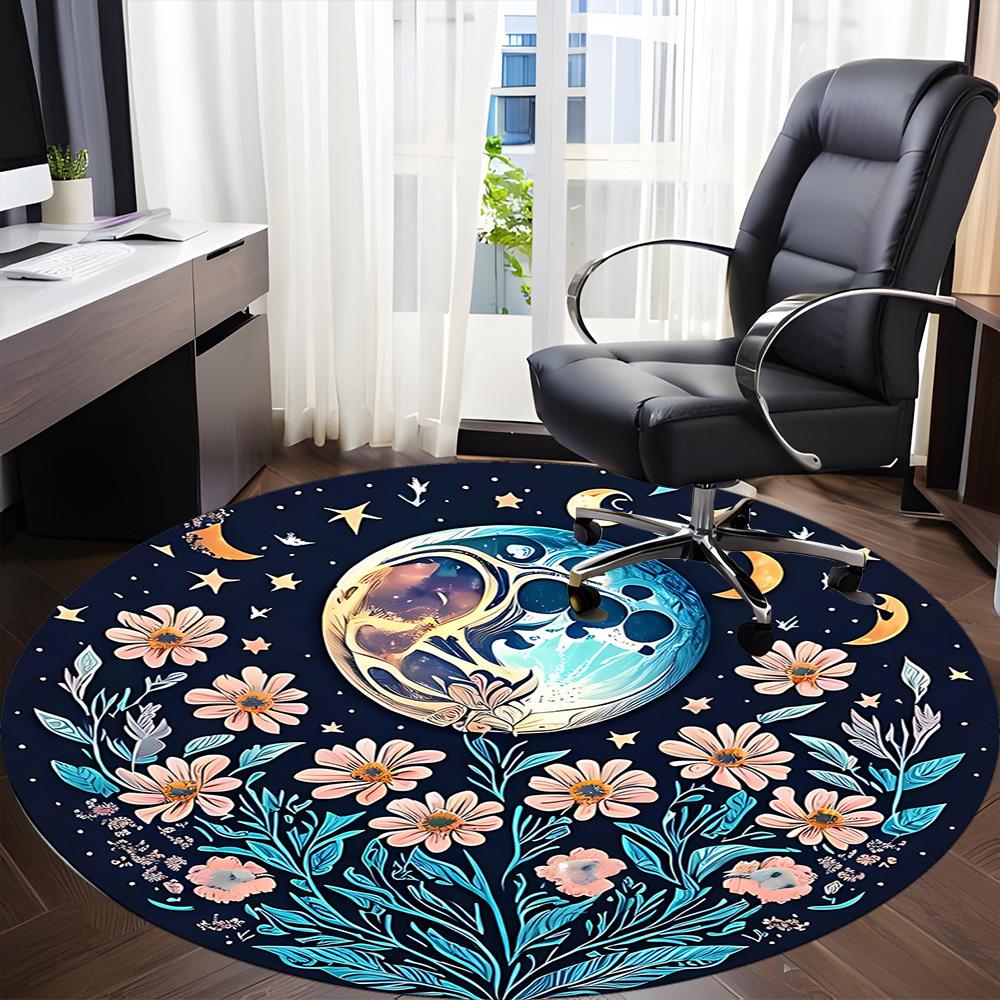 1pc Moon Flowers Office Round Area Rug, Mat Suitable For Office, Under Office Chairs Bedroom Living Room Home Decor, Room Deco