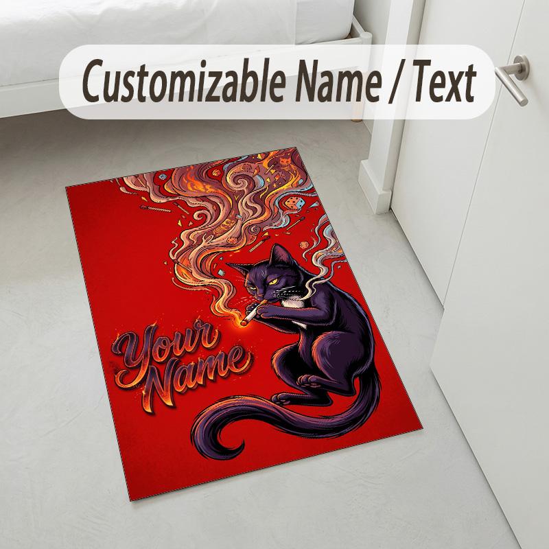 Cat Theme Crystal Velvet Rug Personalized Custom Name Text Soft Floor Mat Home Decor