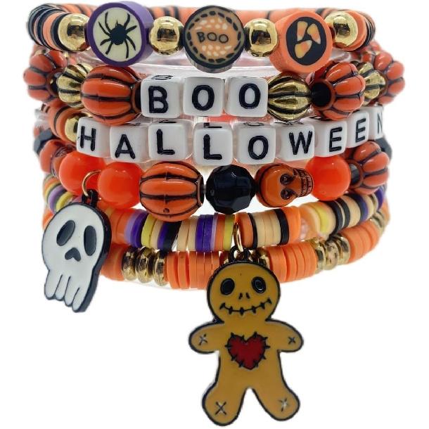 Pingyongchang Halloween Heishi Clay Bead Charm Bracelets for Women Light Up Glow Bracelet Bat Pumpkin Spider Jewelry Acrylic Stackable Beads Bracelet
