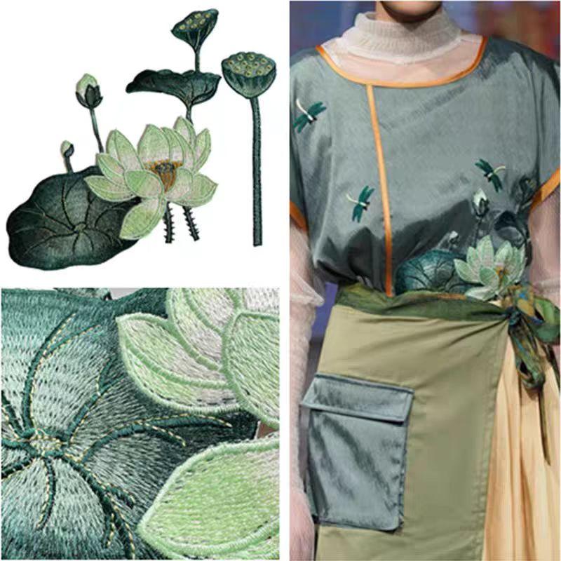 2Pcs/Set Sew On Applique Decoration Handmade DIY Chinese Style Green Big Lotus Flower Leaf Embroidered Patches For Clothing
