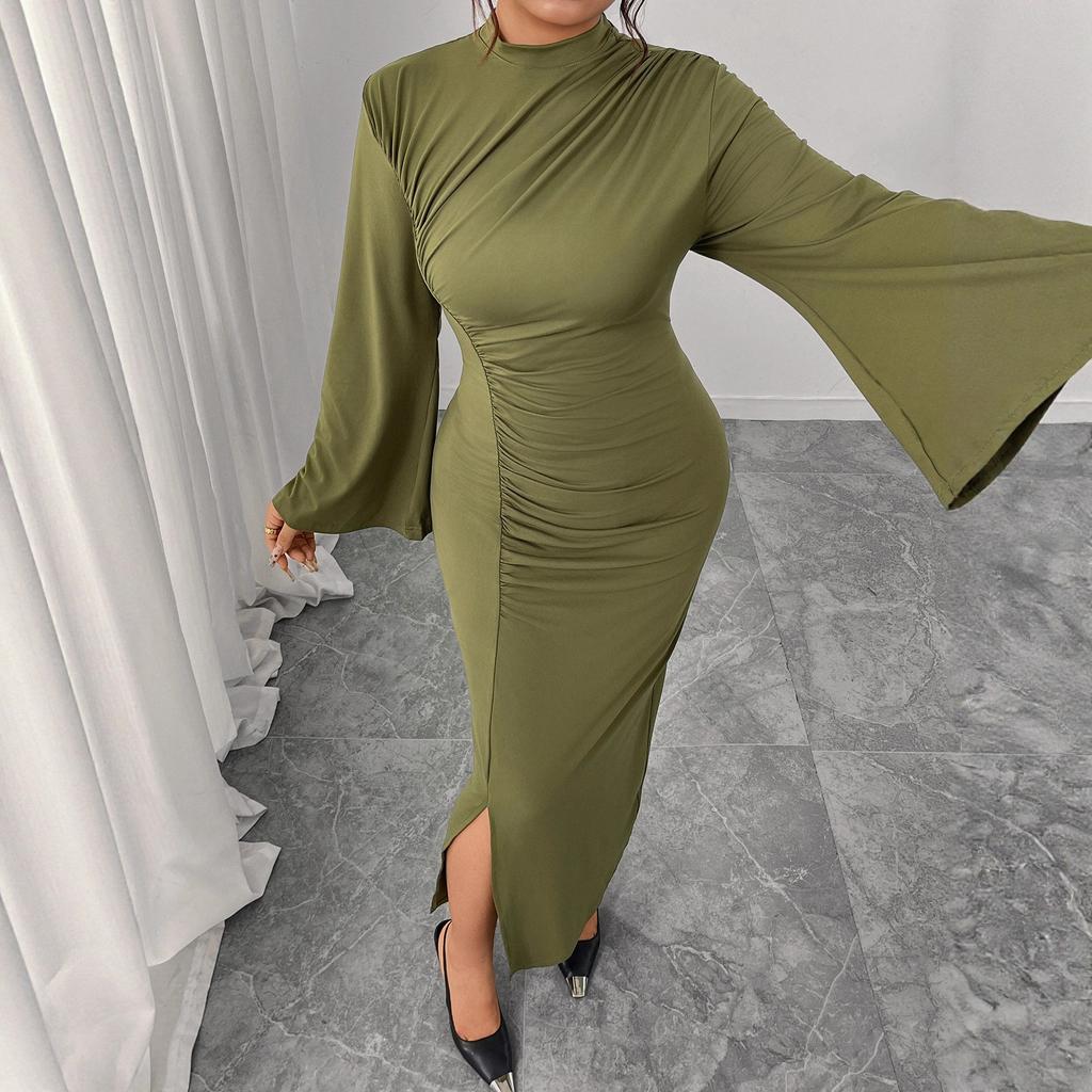 Round-neck High-waisted Dress Solid Color Flared Sleeves Hip-hugging Slit Dress Slimming Pleated Long Dress