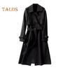 Women Windbreaker Turn-down Collar Loose Pure Color Coat Double-breasted Long Sleeves Belt Decor Overcoat Mid Length with Pockets Windproof Lady