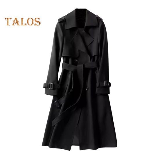 Women Windbreaker Turn-down Collar Loose Pure Color Coat Double-breasted Long Sleeves Belt Decor Overcoat Mid Length with Pockets Windproof Lady