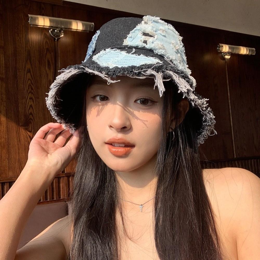 Beggar Style Retro Fisherman Hat Patched Sun Protection Basin Cap Fashion Denim Bucket Hat  Women