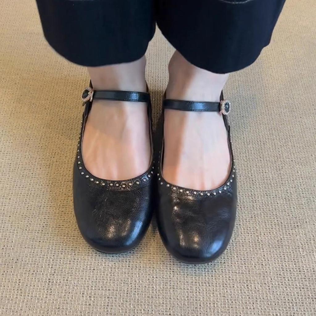 Sheepskin Version~ Spring New Shallow Mouth One-word Buckle Leather Single Shoes Women's Versatile Rivets Flat Bottom Round Head Mary Jane Shoes
