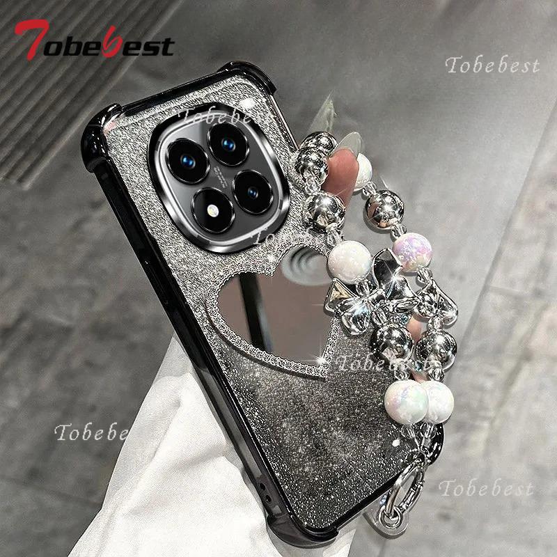 Glitter Plating Love Mirror Bracelet Case for Xiaomi Redmi Note 14 13 12 11 10 9 9S Pro Plus 4G 5G Shockproof Silicone Cover