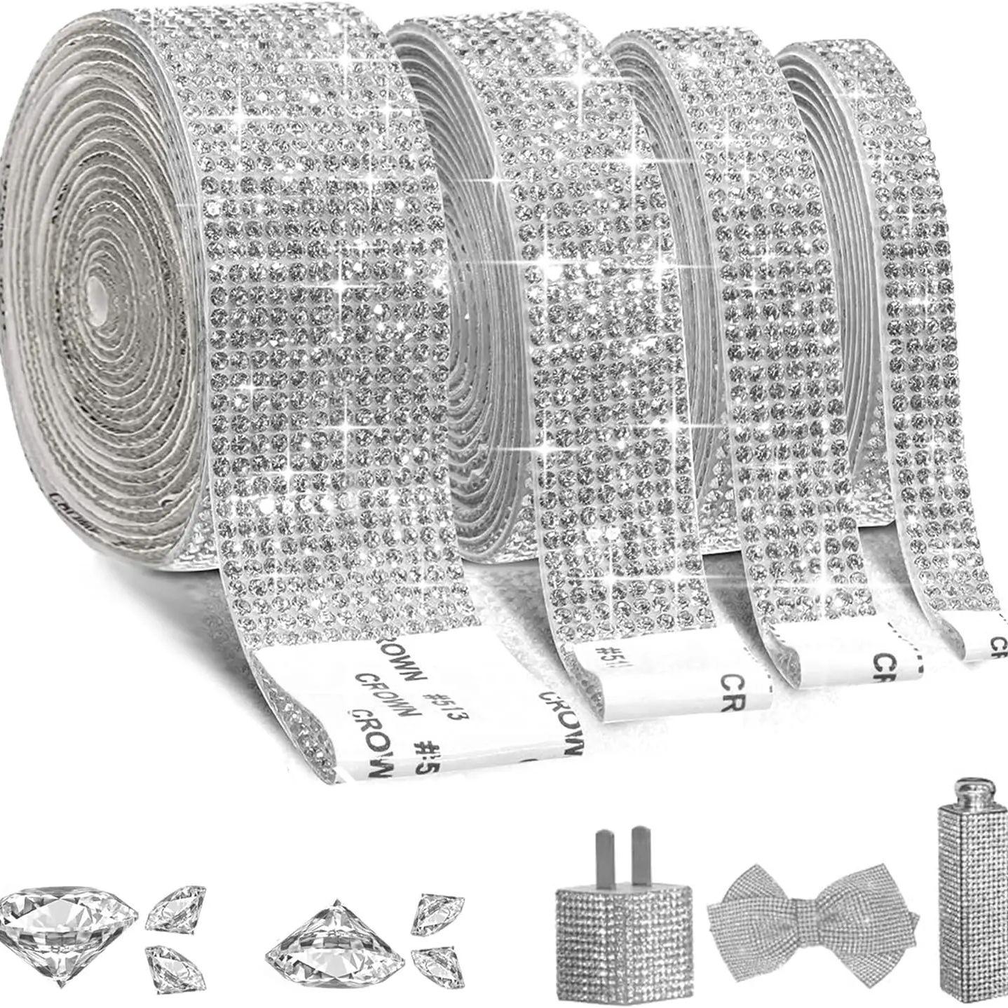 

4 Rolls Self-Adhesive Crystal Rhinestone Ribbon, Diamond Bling Ribbons With 2 Mm Rhinestones Sticker For Arts Crafts Wedding