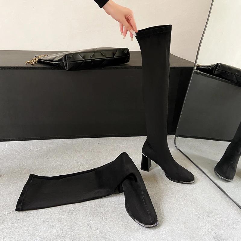 Fashion Square Toe Women Slim Long Boots Fashion Over The Knee High Booties Concise Square High Heels Shoes