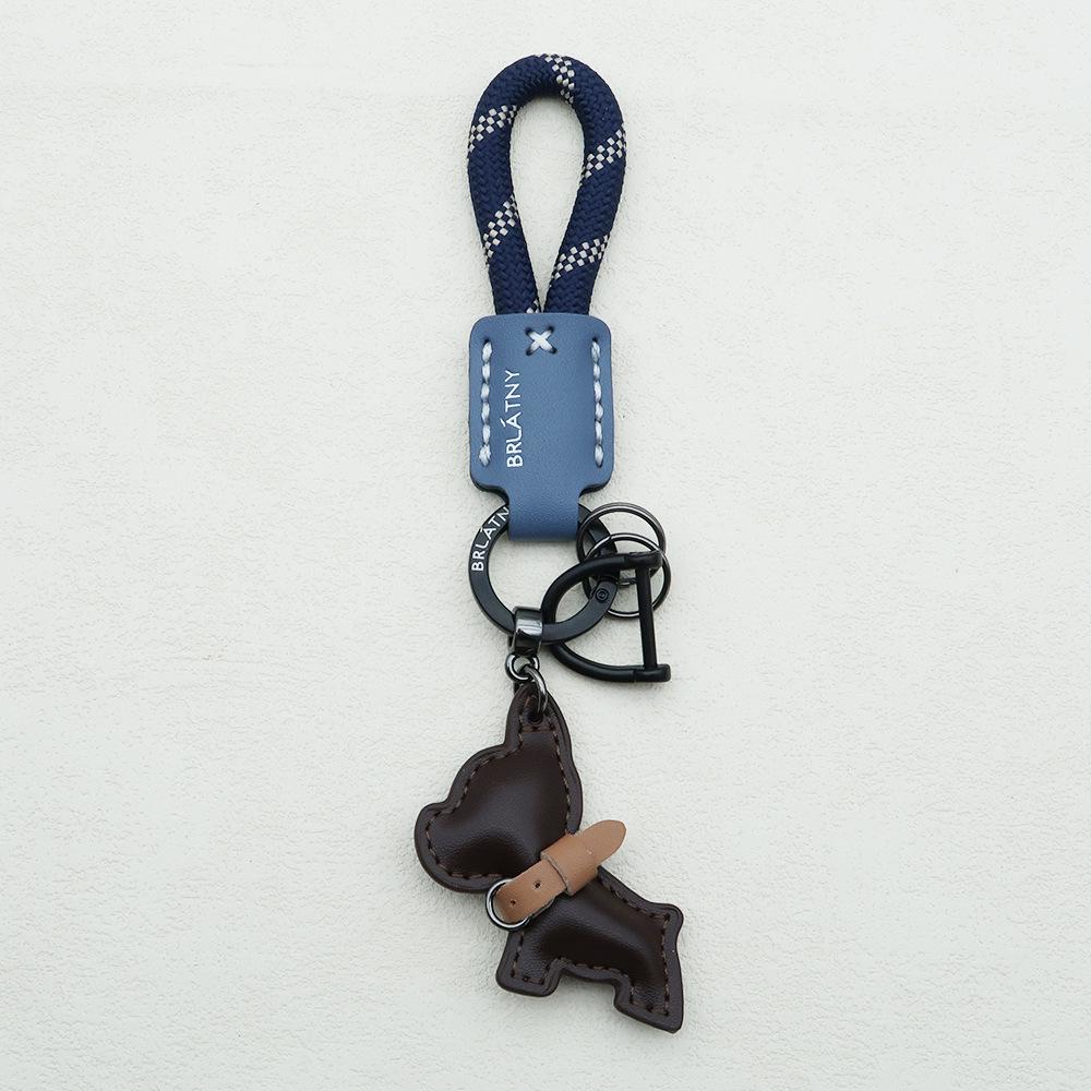 Handmade French Bulldog Genuine Leather Keychain with Anti-Lost Woven Rope Lanyard.