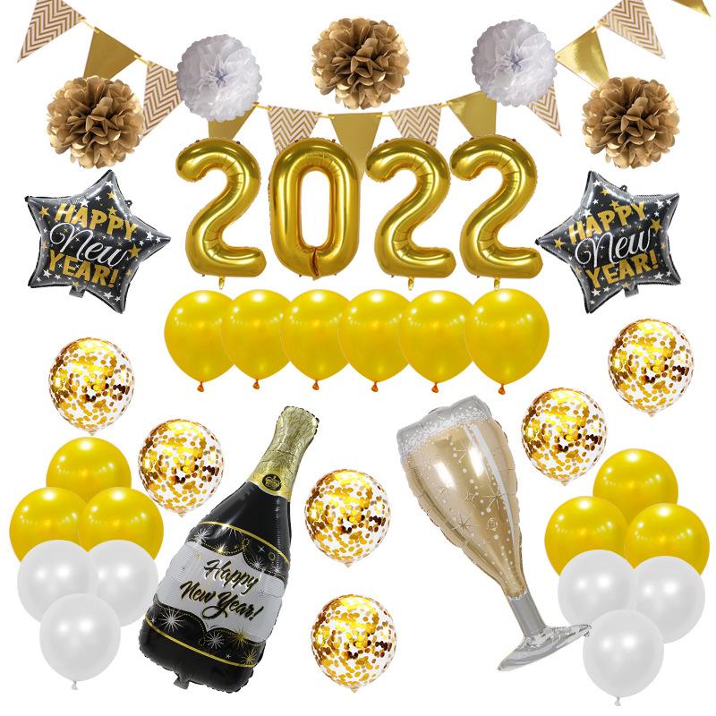 

С Новым годом 2022! Новогодняя вечеринка. Золотые шары, баннер, фотобутафория Black Gold 38pcs