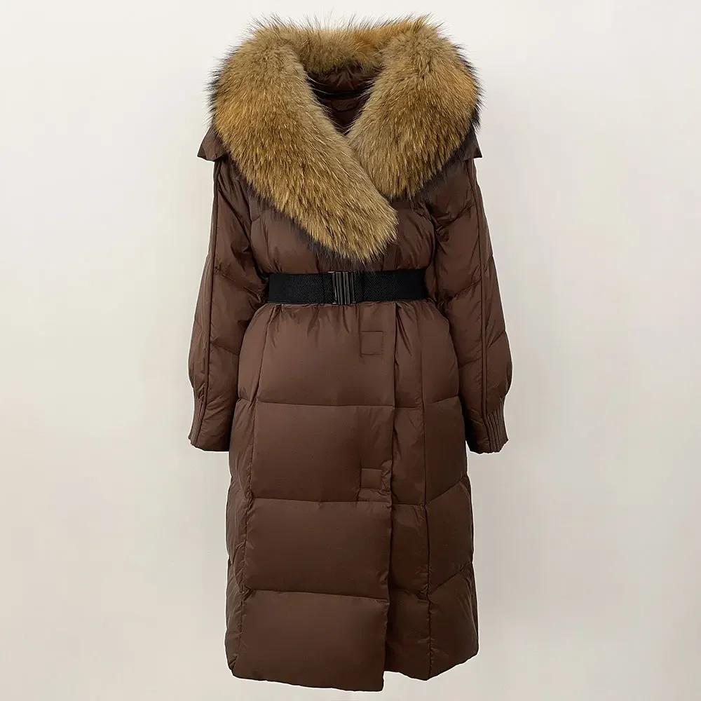 OFTBUY Winter Jacket Women Long Natural Real Raccoon Fox Fur Collar White Duck Down Coat Belt Thick Warm Casual Outerwear