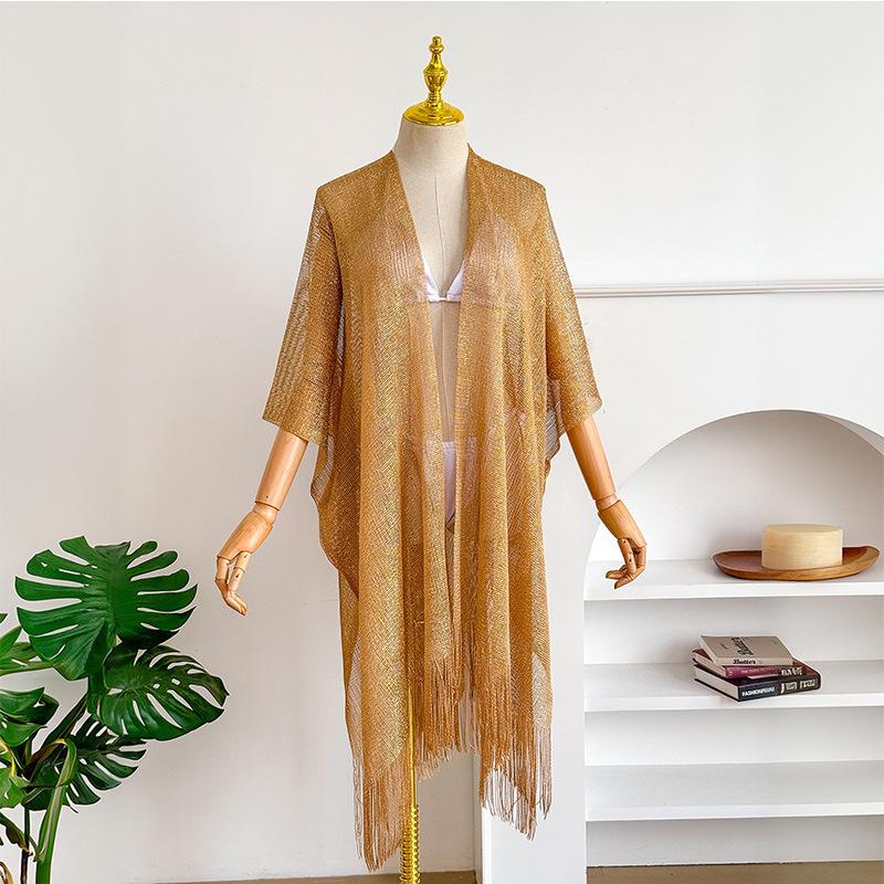 European & American Tassel Shawl: Sun Protection Bikini Beach Cover-up, Solid Color Hollow-out Design