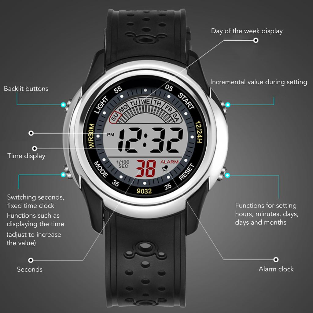 Sports Watch Luminous Waterproof Wear Resistant Alarm Function Stylish Digital Sports Watch for Outdoor Activities Silver