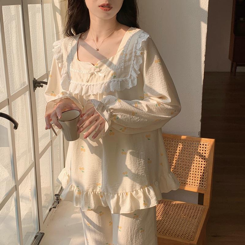 

[D] Spring and Autumn new sweet and fresh cloud cotton square collar bow pajamas women s loungewear set XL