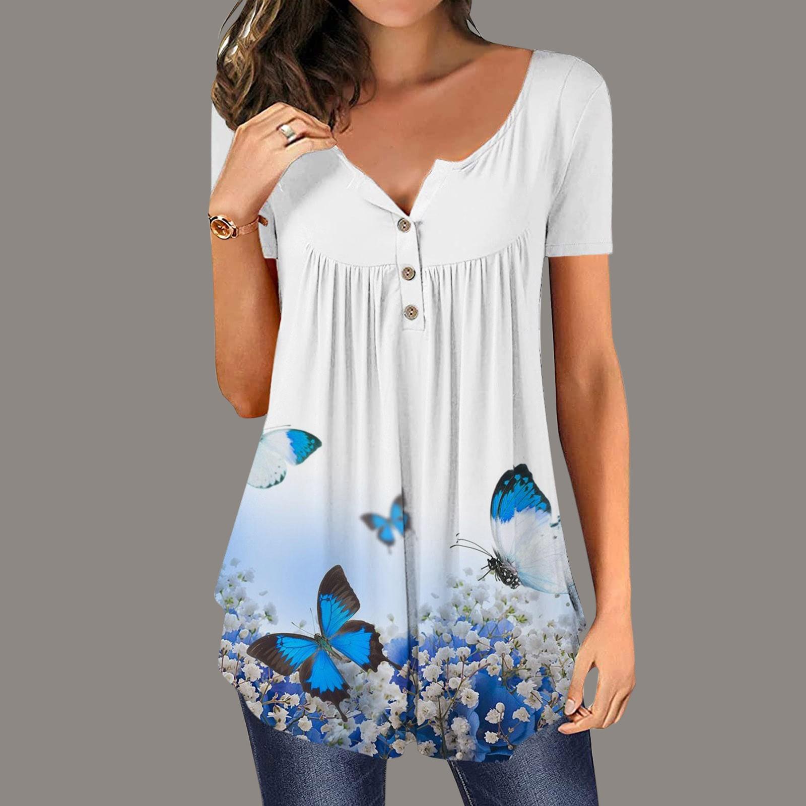 

Женский летний топ с коротким рукавом и круглым вырезом, топ с цветочным принтом бабочки L белый