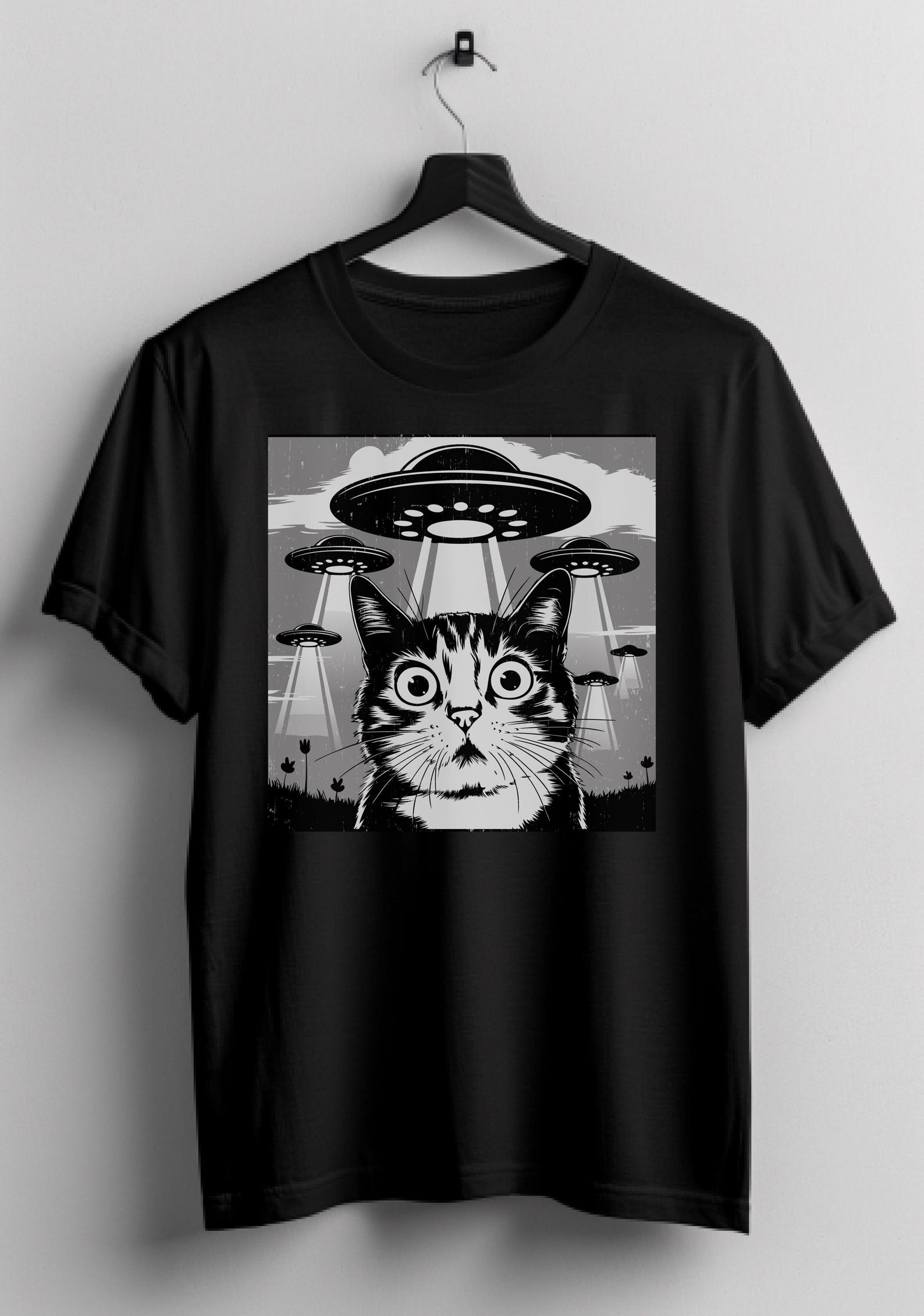 Cat Selfie UFOs T-Shirt, Funny Alien Invasion Tee 3XL
