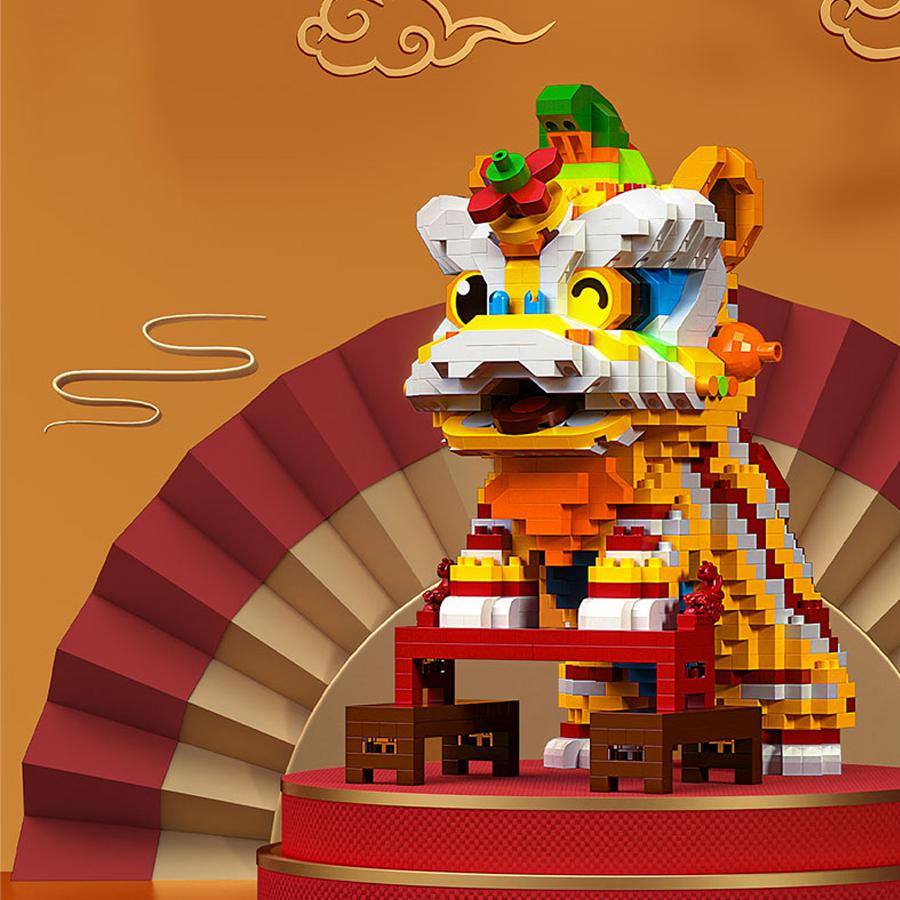 Non-Toxic Chinese Style Lion Dance Micro Building Blocks Kids Diy Toys New Year Spring Festival Gifts Creative Desktop Decorations