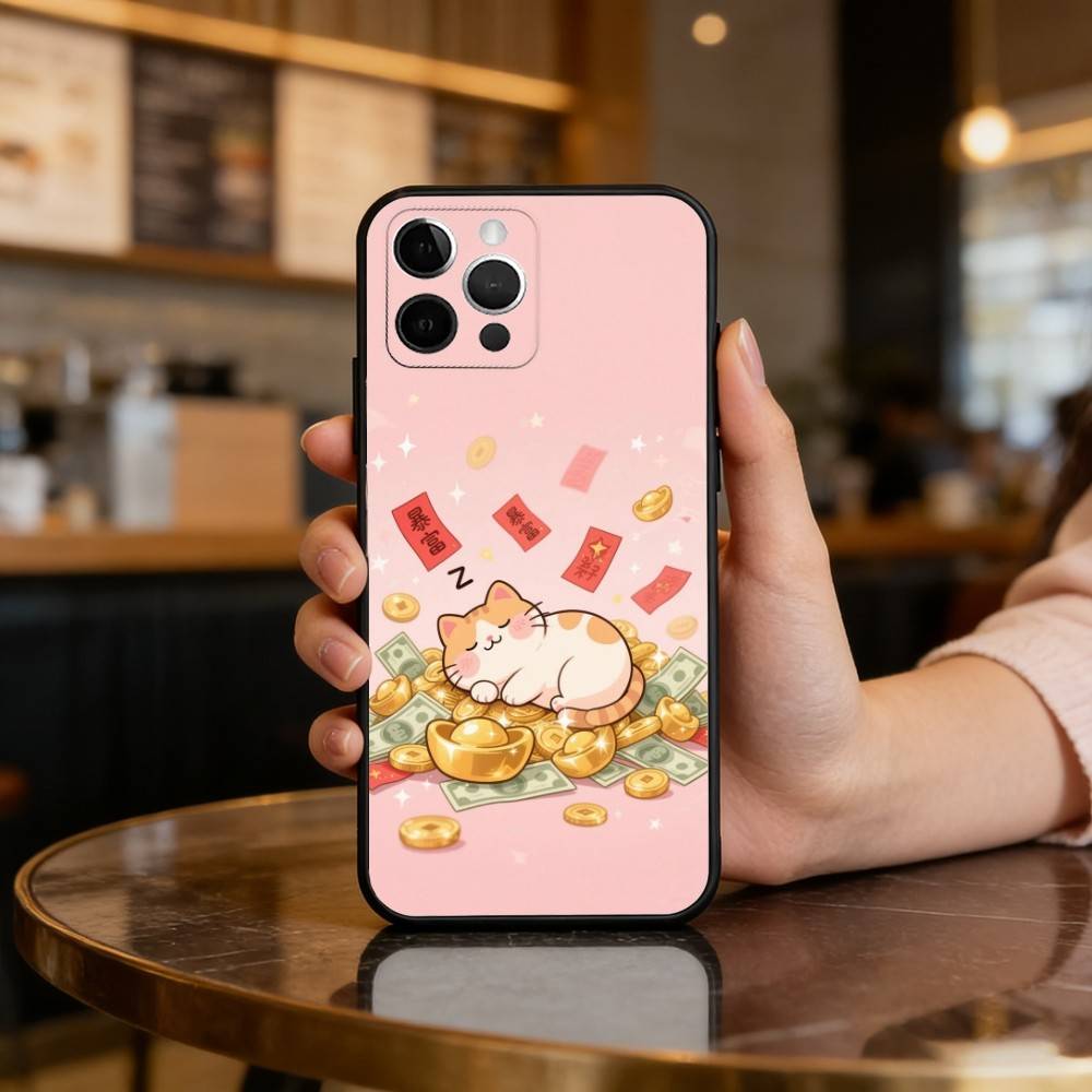 C-Cartoon Lucky Cat Soft Silicone Black Cover,Phone Case For iPhone 17,16,15,14,13,12,11 Plus,Pro Max,XS