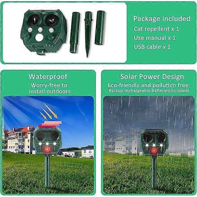 Cat Repellent Garden Ultrasonic Fox Repellant Cat Deterrent Pet Animal Deterants Solar Powered & Waterproof Flashing Light and USB Charge