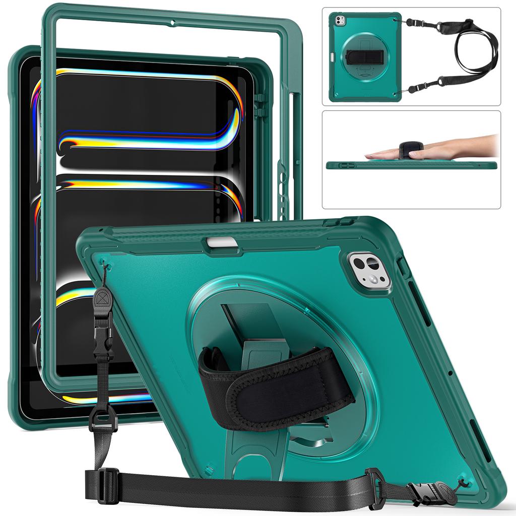 For iPad Pro 13 (2025)/(2024) Case Hand Strap Kickstand PC+TPU+Silicone Cover with Shoulder Strap