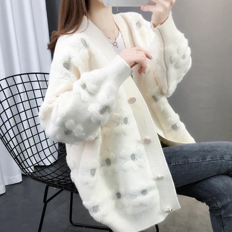 2025 Women's Loose Color Block Knitted Cardigan with Embroidered Crochet Accents