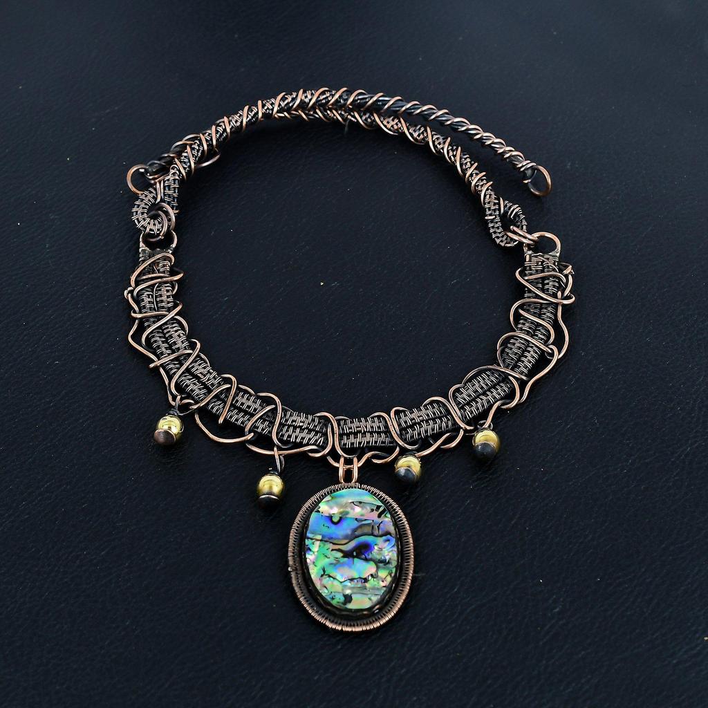 Abalone Shell Necklace 999 Copper Wire Wrapped Adjustable Chain Necklace Gift For Women, Handmade Gemstone Jewelry Necklace