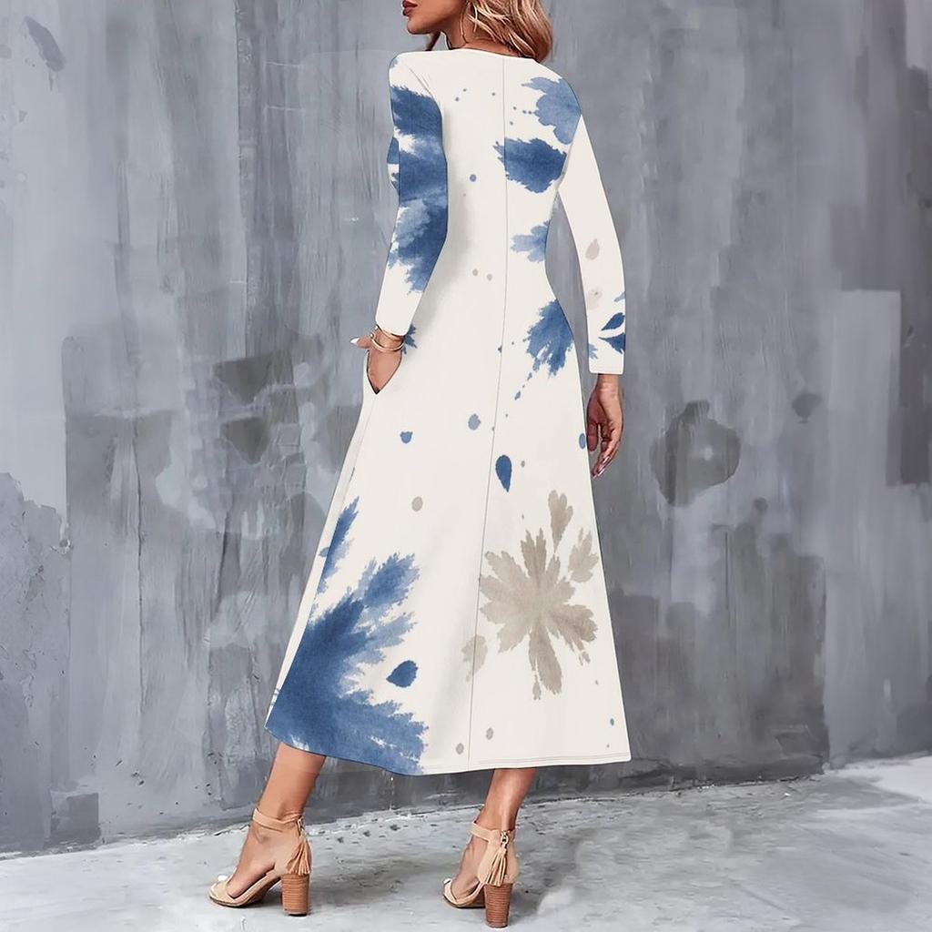 Women Plus Size V Neck Long Sleeve White Blue Printed A Line Midi Dress With Pockets
