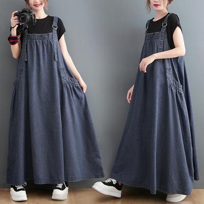 Women's Spring Summer Fall Retro Loose Skinny Denim Back Dress Long Swing Dress