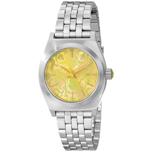 

Nixon Women s Small Time Teller Stainless Steel Watch, One Size, Silver-Tone/Neon Yellow/Beetlep