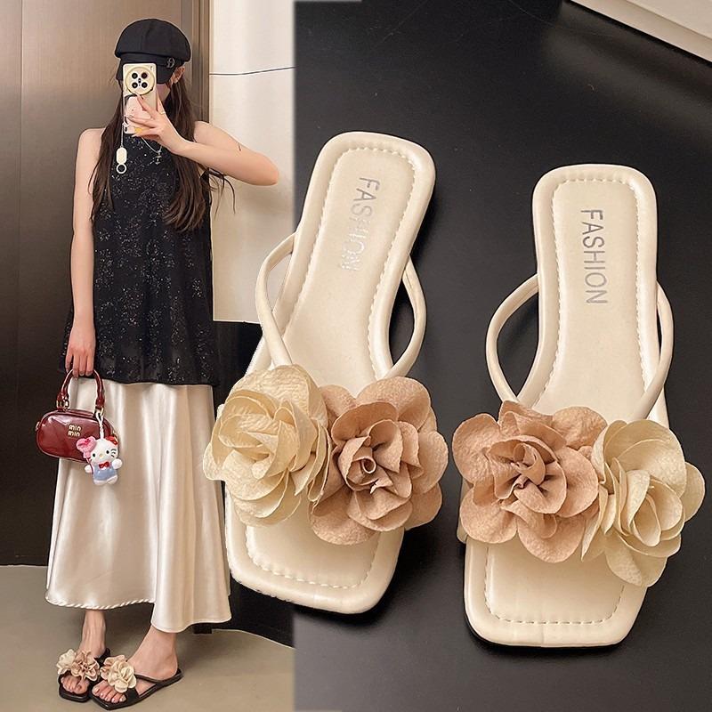 Holiday Style Flower Toe Cool Slippers Women's Summer Wear Flip-flops Beach Shoes Flat Slippers Large Size