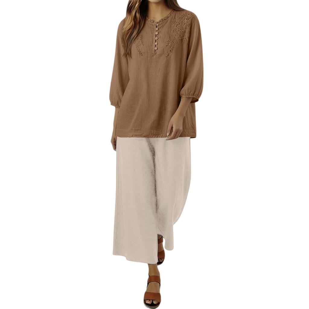 Women Embroidered Lace Loose Fit Three Quarter Sleeve Top and Wide Leg Pants Two Piece Set Casual Outfit Suit