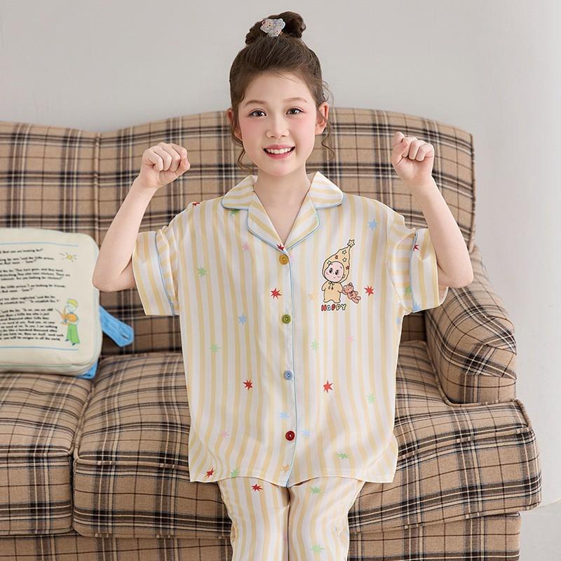 Girls Ice Silk Pajama Set Short Sleeve 3-Piece Cartoon Home Wear Ages 8