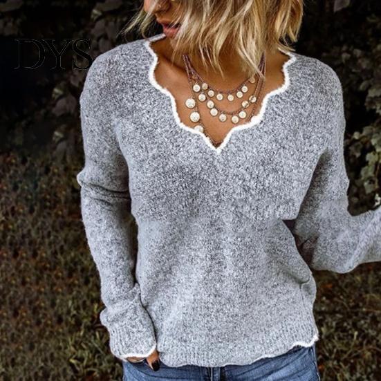 Stylish V-hem Sweater Women's Long Sleeve Loose Fit V-Neck Knitted Women Fashion Knitwear Lady Casual Jumper Pullover Top for Autumn Winter