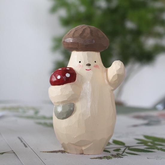 Wooden Mushroom Figurine Hand-Carved Mushroom Elf Holding A Balloon Rustic