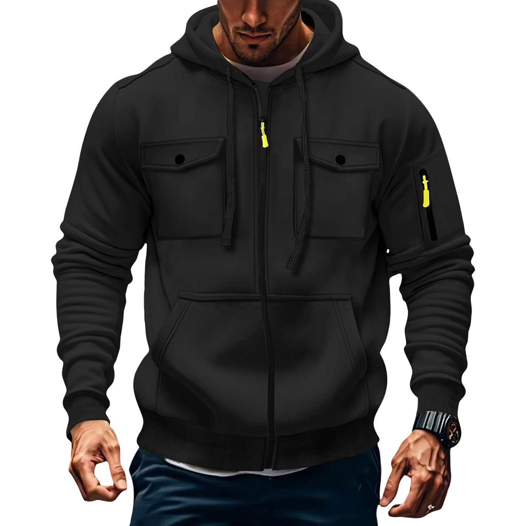 Pánská mikina s kapucí na zip, kardigan s více kapsami, pánská sportovní mikina ležérního střihu ve velké velikosti