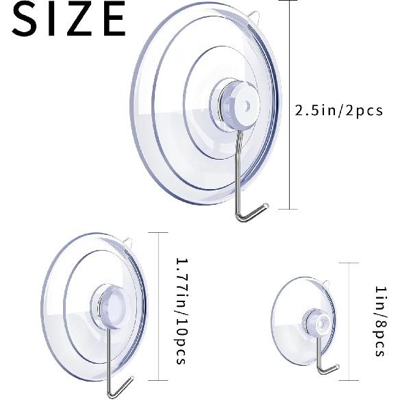 20PCS Suction Cup Hooks, 2.5Inch, 1.77Inch, 1Inch Suction Cups with Metal Hooks Removable, Suitable for Glass, Windows, Bathrooms, Kitchens, Tiles,
