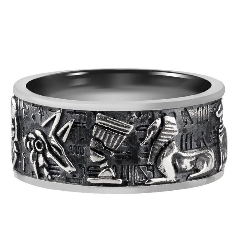 Reliéfní egyptský bůh Horus Anubis Retro stříbrný prsten Moderní pánský prsten