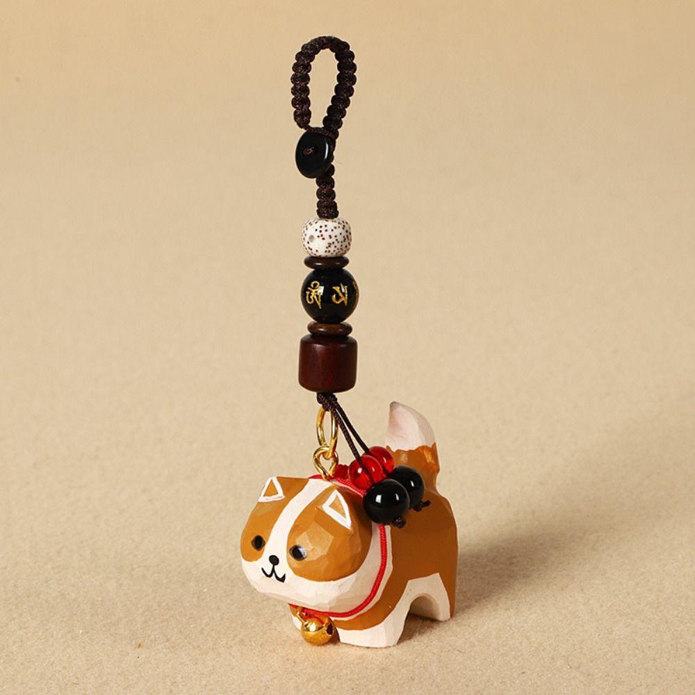 Flower Wooden Carved Dog Keychain Weave Rope Car Keyring Wood Shiba Inu Dolls Pendant  Students